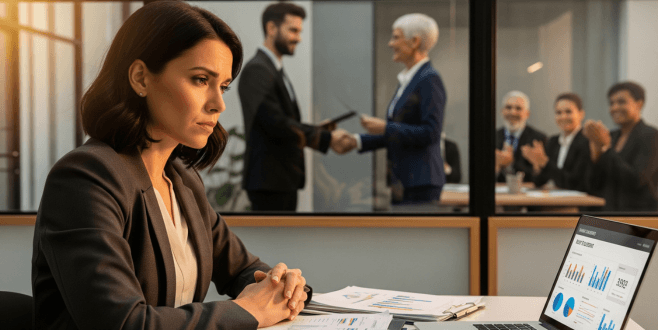 why-hard-work-isnt-enough-for-promotion-hero Professional presenting to executives—hard work alone won’t get you promoted; visibility and executive presence matter.