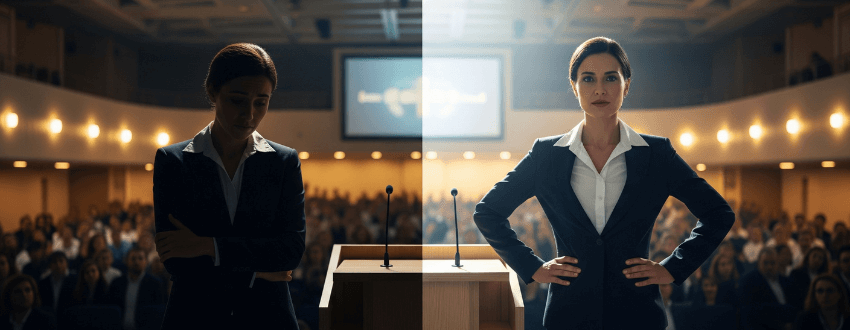 closing-the-confidence-gap-women-leaders-before-after-podium Closing the confidence gap for women leaders—split scene of the same woman at a podium, moving from self-doubt to confident executive presence