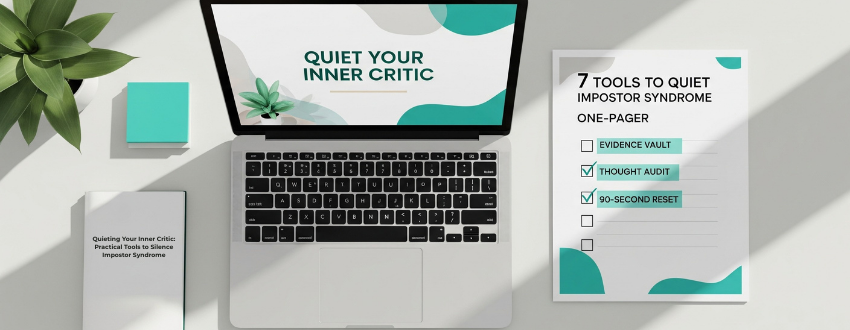 impostor-syndrome-strategies-toolkit-flatlay-quiet-your-inner-critic-checklist Impostor syndrome strategies toolkit: flat lay with 'Quiet Your Inner Critic' laptop and '7 Tools' checklist.