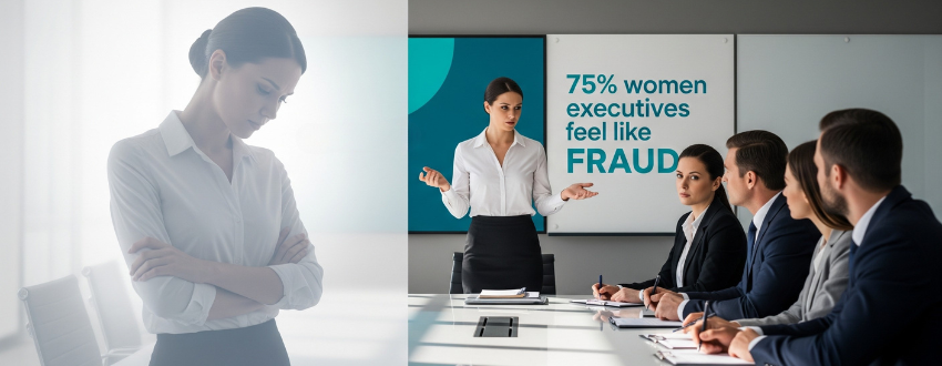 women-execs-impostor-syndrome-stories-hero-cover Impostor syndrome in women: split scene of a professional doubting herself vs confidently presenting to a boardroom.