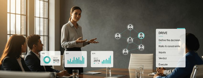 women-leaders-clarity-credibility-visibility-hero executive leading a meeting with subtle data graphics in the background.