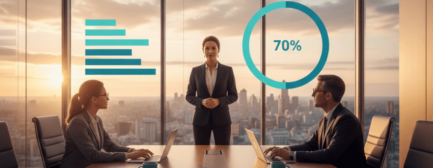 CEO team committing to a decision at about 70% confidence in a modern boardroom, wide view.