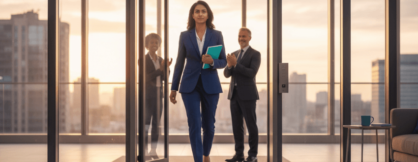 VP demonstrating executive presence with senior leaders in a modern boardroom, symbolizing the move to the C-suite.