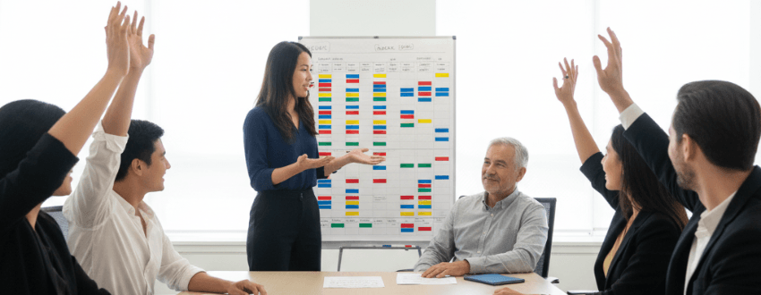 Leadership team formalizing handoffs and ownership in a modern office, symbolizing founder-to-CEO delegation systems.