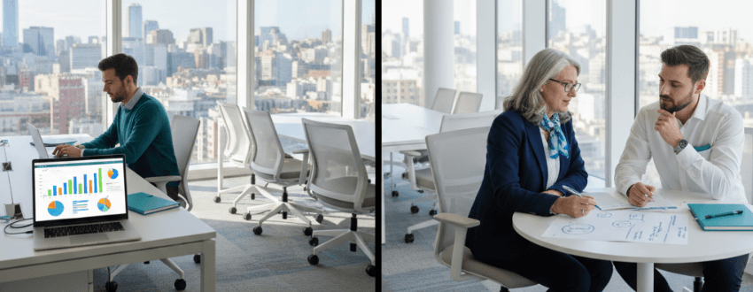 Contrasting quick online leadership tools with tailored professional coaching in a modern office setting