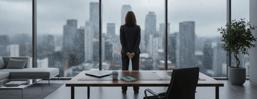 Calm, future-focused CEO in a modern workplace, symbolizing resilience and steady leadership