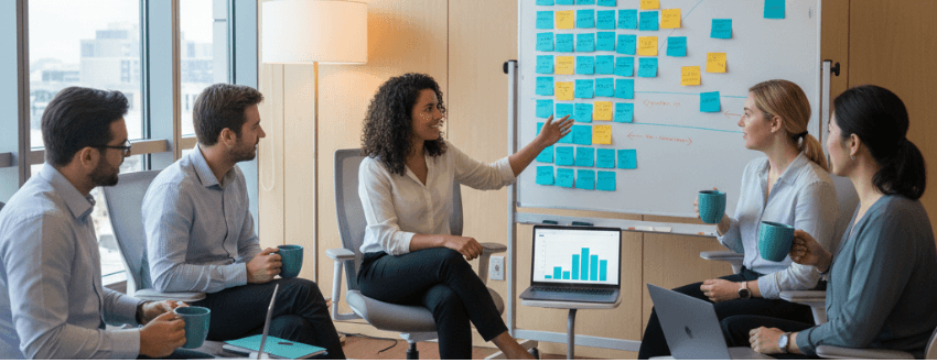 Executive team using leadership assessments to set a roadmap for growth in a modern boardroom