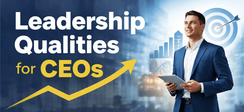 Leadership qualities for CEOs illustrated by a confident executive reviewing data, with growth charts and strategic targets symbolizing scaling beyond 10M without becoming a bottleneck.
