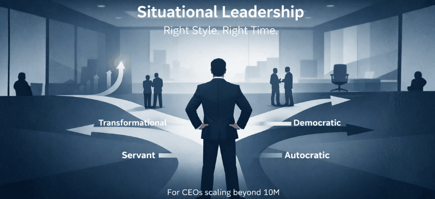 CEO evaluating situational leadership styles to choose the right approach for scaling a company beyond 10M revenue