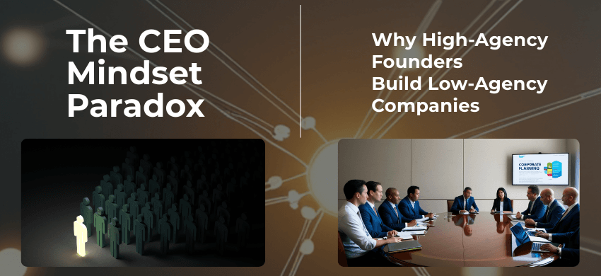 The CEO Mindset Paradox by Andreas Pettersson, outlining the shift from personal agency to organizational agency, revenue inflection points from $1M to $10M+, and the agency multiplication framework for scaling without becoming the bottleneck.