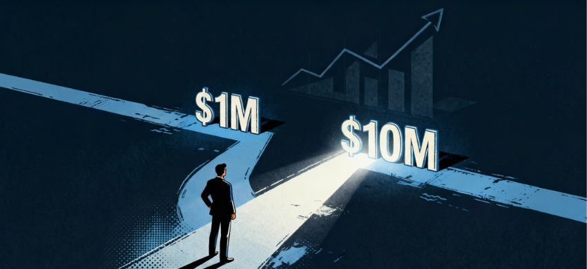 Wide banner showing a CEO silhouette at a crossroads between paths labeled “$1M” and “$10M,” with an upward growth line in the background, representing leadership evolution at scale.