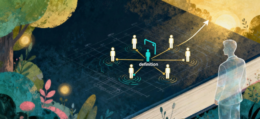 Wide banner showing a CEO silhouette facing an expanding network of connected figures and an upward line, representing leadership as multiplication and scale.