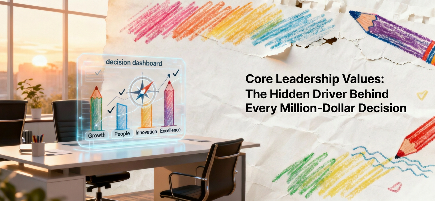 CEO reviewing core leadership values framework to make values-driven, million-dollar business decisions.