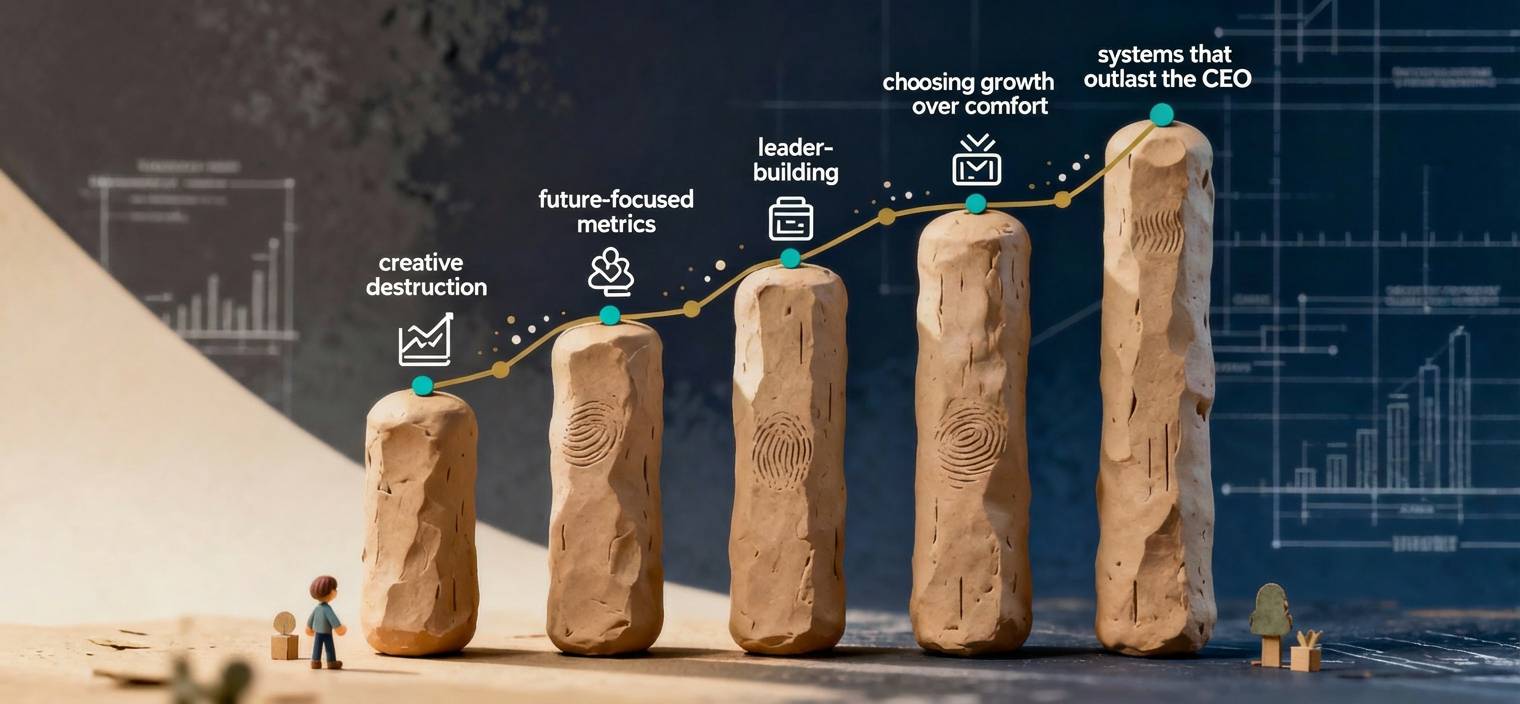Wide banner showing five rising pillars connected by an upward line, symbolizing CEO leadership characteristics that prevent plateaus.