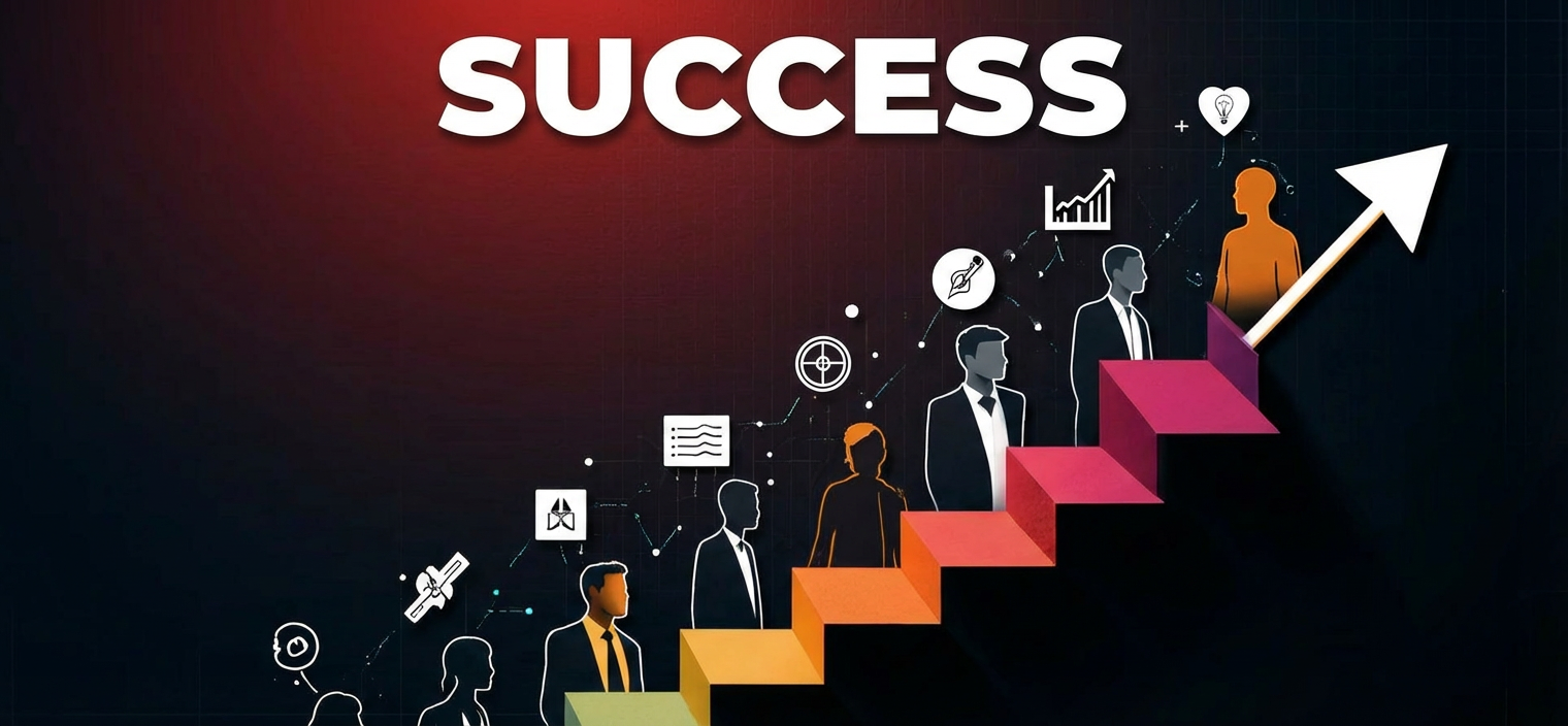 Wide banner showing seven CEO silhouettes linked to an upward growth line with simple icons for delegation, focus, culture, empowerment, speed, team building, and progress.