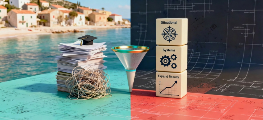 Wide banner showing messy academic icons and tangled lines flowing through a funnel into three clean framework blocks and an upward chart, representing leadership models that work.