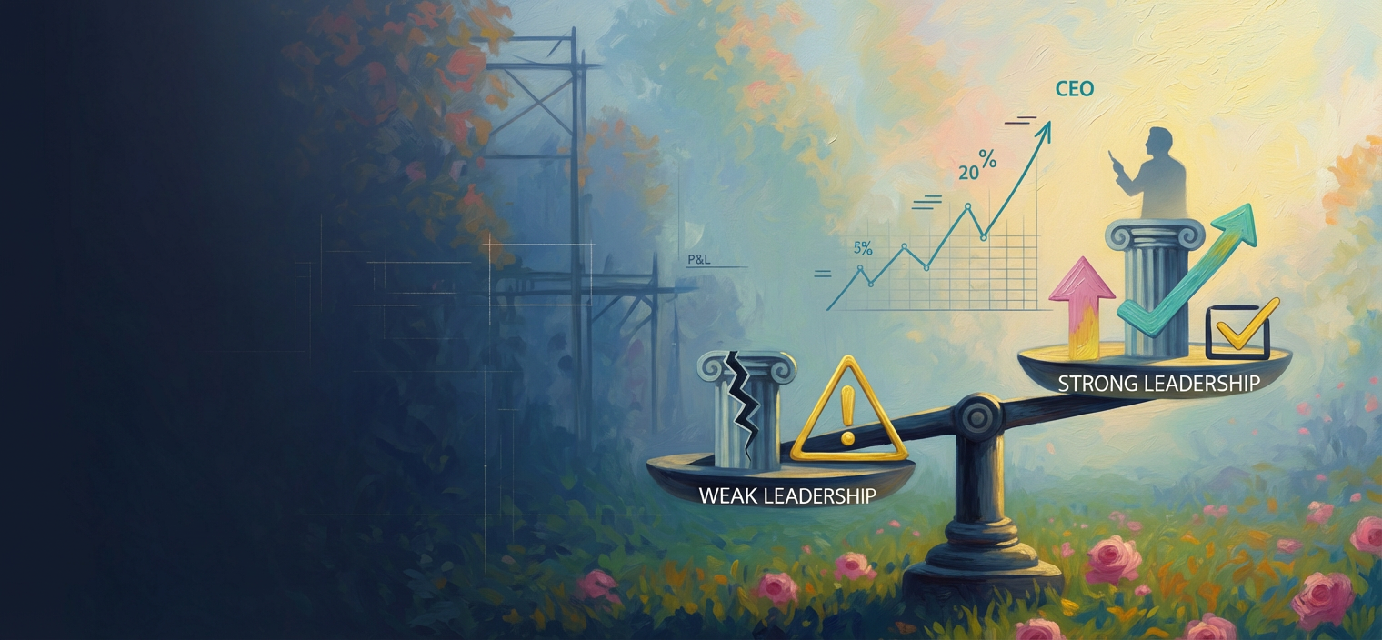 Wide banner showing a leadership lever with weak leadership symbols weighing down one side and a rising chart on the other, representing the financial impact of strong leadership.