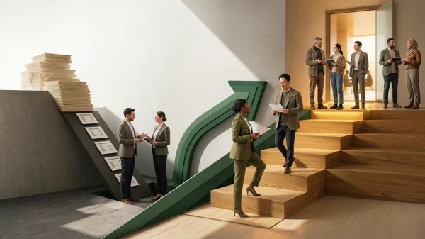 Illustration of professionals climbing wooden stairs beside a rising green arrow while reviewing reports on tablets, symbolizing research-backed 360-degree feedback statistics