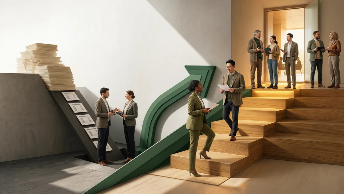 Illustration of professionals climbing wooden stairs beside a rising green arrow while reviewing reports on tablets, symbolizing research-backed 360-degree feedback statistics