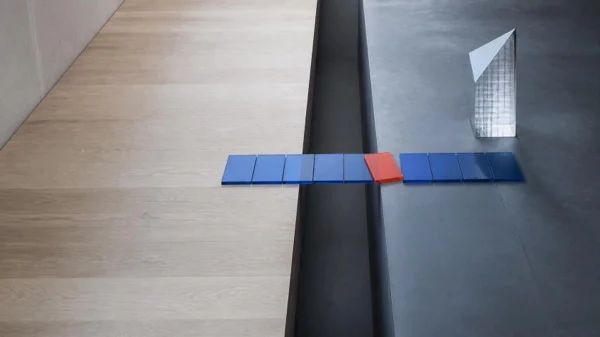 Overhead view of a row of blue glass tiles with one red tile crossing a threshold between wood and concrete floors, symbolizing 360 feedback across competencies
