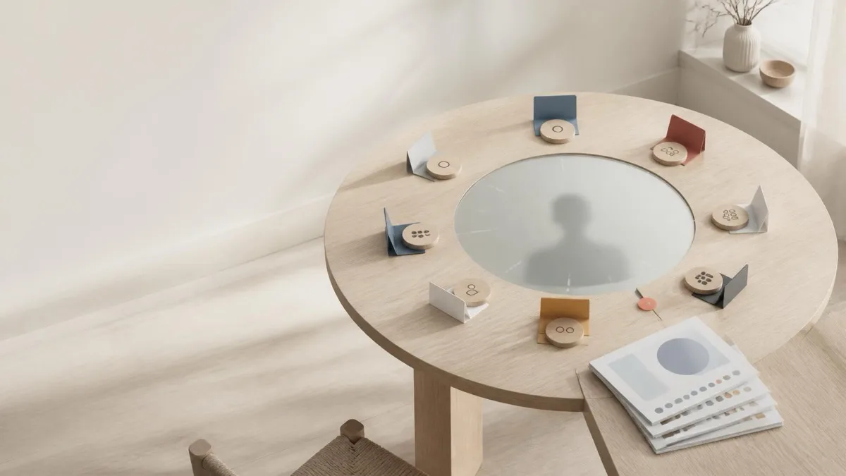 Overhead view of a pale-oak round table with feedback rater tokens and folded cards arranged around a central frosted disc holding a silhouette, beside a stack of report pages, illustrating a 360 feedback template