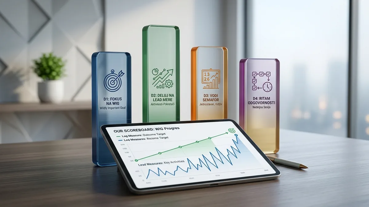 Four coloured glass blocks, one for each of the 4 disciplines of execution, standing behind a tablet showing a scoreboard chart of lag and lead measures against a wildly important goal