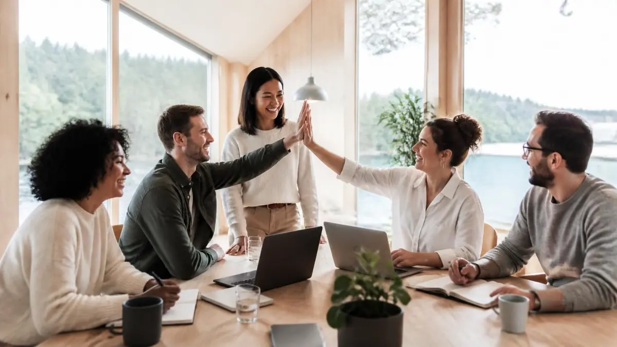 A diverse team smiling and high-fiving over laptops at a wooden table by large windows with a lake and forest view, illustrating the four stages of psychological safety