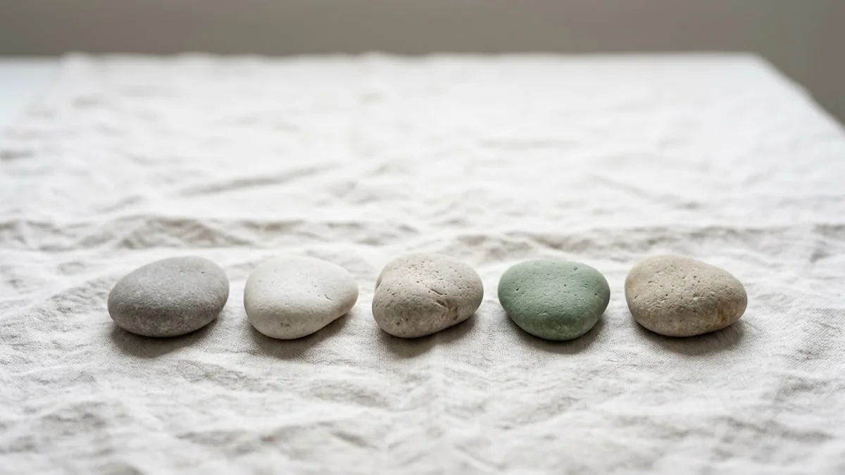 Five smooth stones in a row on natural linen, four in grey and cream tones and one sage green, illustrating the 5 qualities of a good leader