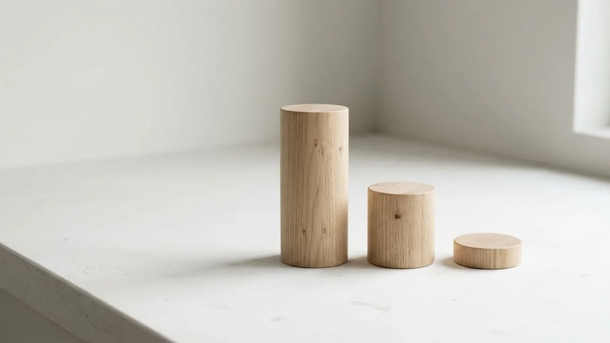 Three pale oak cylinders in a row on a white ledge, one tall, one medium and one flat, illustrating the 70-20-10 rule of learning on the job, from others and in training