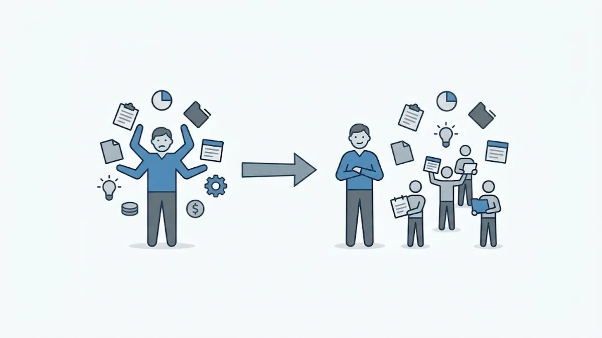 Illustration of a business owner before and after working with an accountability coach: overwhelmed and juggling documents, charts and finances alone, then standing calm with arms crossed while four team members carry the work
