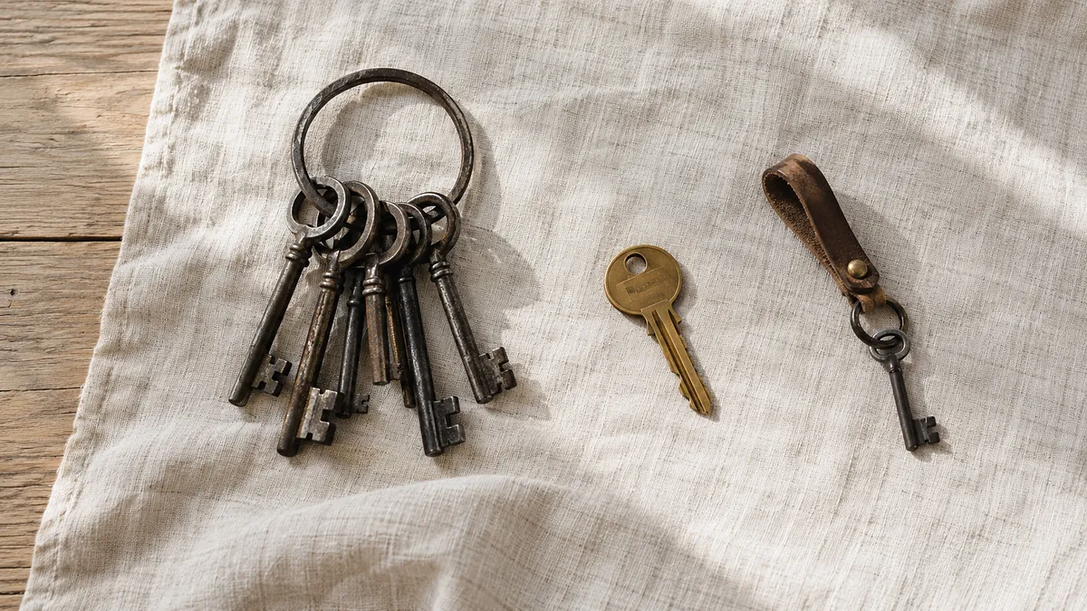 Three different keys on pale linen, a ring of many keys, a single brass key and a small key on a leather loop, illustrating an advisory board, an advisor and a coach