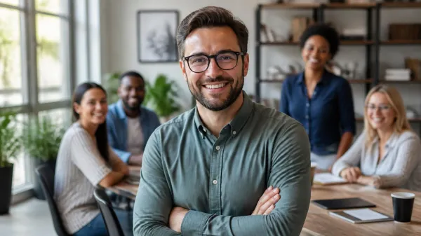 Smiling leader with arms crossed and a happy team behind him in a bright office, illustrating affiliative leadership that puts people first