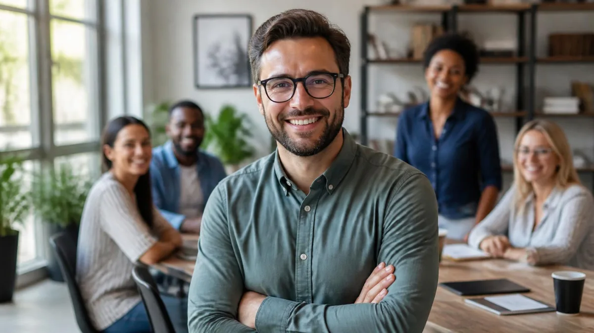 Smiling leader with arms crossed and a happy team behind him in a bright office, illustrating affiliative leadership that puts people first