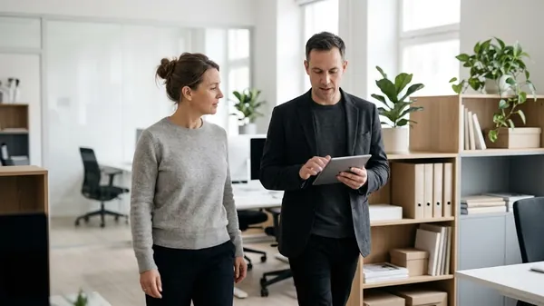 A man in a dark blazer showing something on a tablet to a woman in a grey sweater as they walk through a bright office, illustrating an AI adoption consultant walking an owner through what to expect
