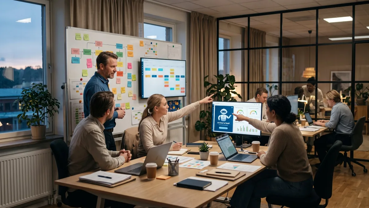 Leadership team in an office pointing at a monitor showing an AI chief of staff dashboard, with a process map on the whiteboard