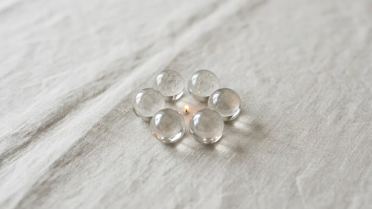 Six clear glass marbles arranged in a ring around a tiny point of light on natural linen, illustrating the six EOS components with AI placed at the centre