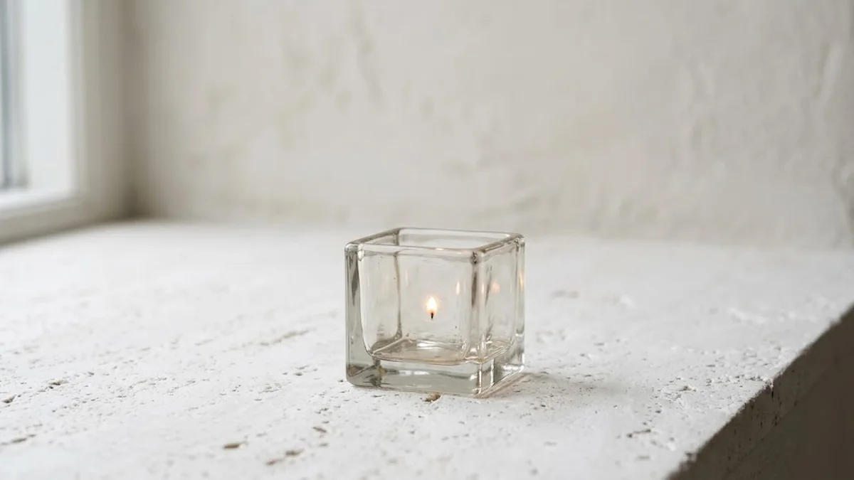 A small flame burning inside a clear glass cube on a white travertine ledge beside a window, illustrating AI for managers as a small, contained tool put to work in the first quarter