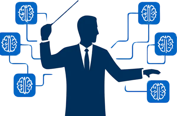 Silhouette of a leader conducting a network of glowing blue AI brain nodes like an orchestra, illustrating AI workforce management leadership trends