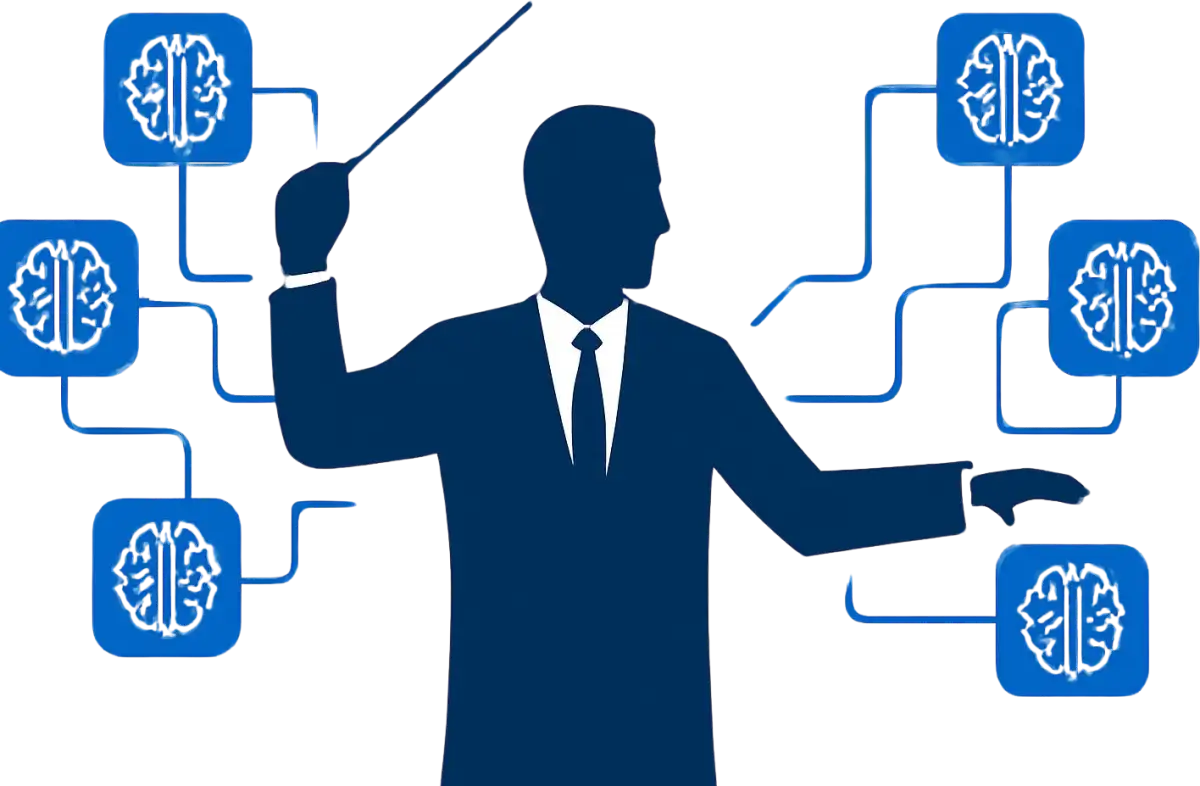 Silhouette of a leader conducting a network of glowing blue AI brain nodes like an orchestra, illustrating AI workforce management leadership trends