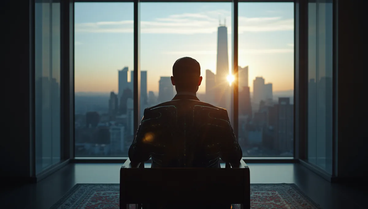 Silhouette of a leader in a minimalist corner office with holographic light and a city skyline at sunset, evoking the American management paradox in AI adoption