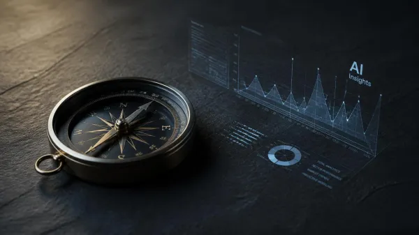 A metallic compass resting on a dark slate desk beside a glowing AI data graph, evoking the search for the best CEO coaches and coaching companies