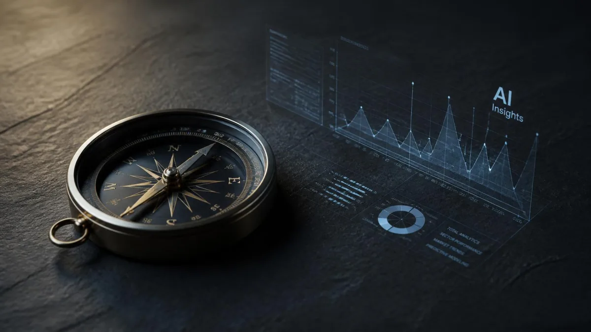 A metallic compass resting on a dark slate desk beside a glowing AI data graph, evoking the search for the best CEO coaches and coaching companies