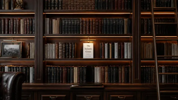 Dark-wood executive library wall lined with leather-bound books with one title spotlighted, evoking a curated executive-presence reading list