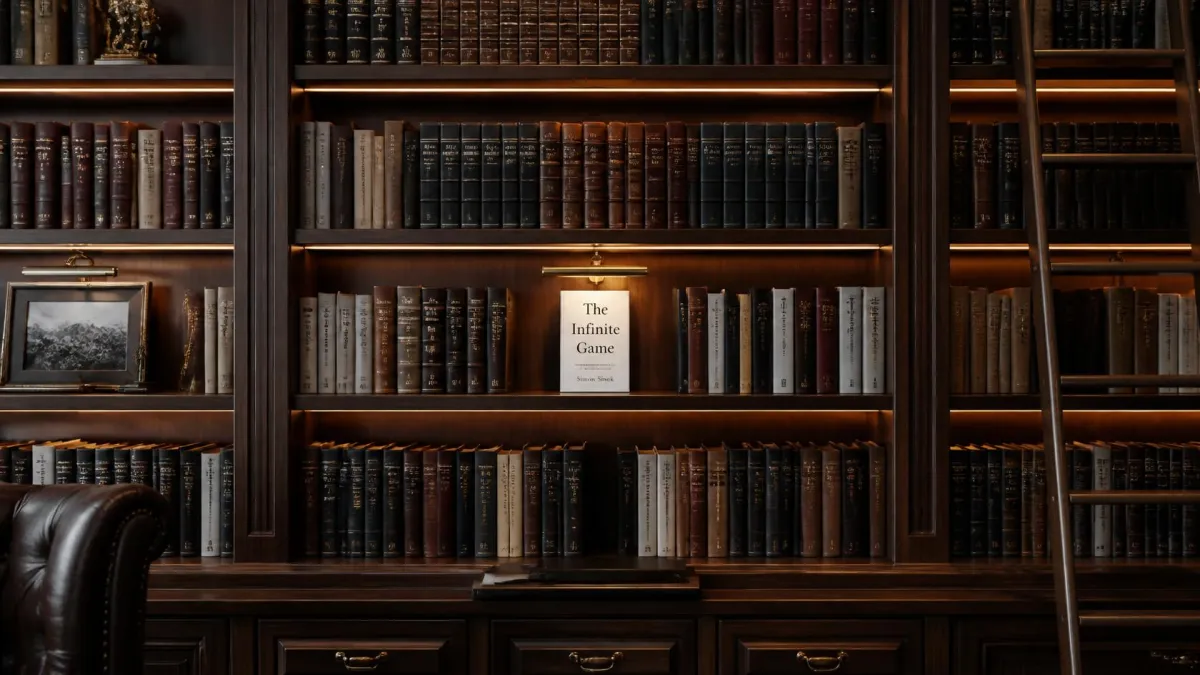 Dark-wood executive library wall lined with leather-bound books with one title spotlighted, evoking a curated executive-presence reading list