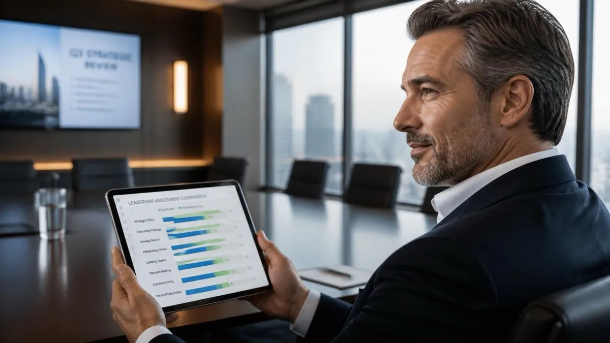 A CEO in a modern boardroom reviewing a leadership assessment comparison chart on a tablet