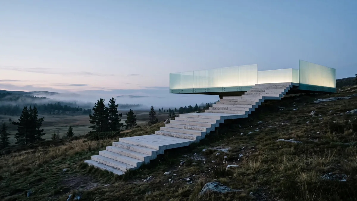 Stone staircase climbing a hillside to a glowing glass platform at dusk, illustrating the steps to board readiness