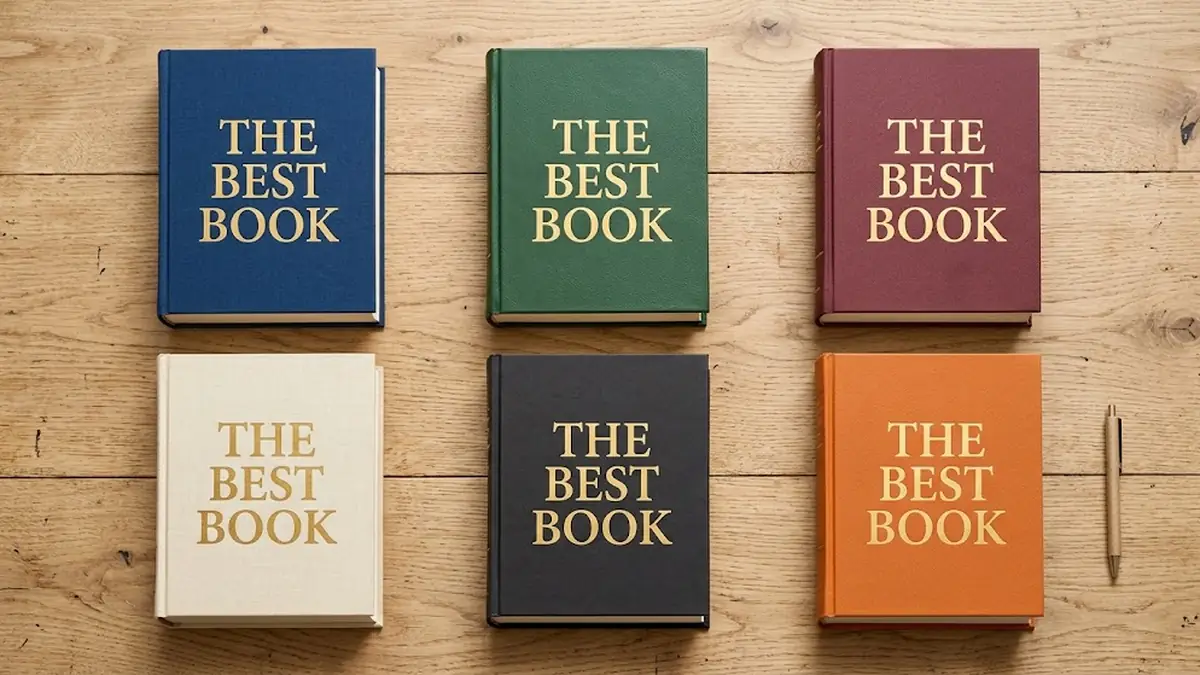 Six hardcover books in blue, green, burgundy, cream, black and orange laid out in a grid on an oak table, each titled The Best Book, illustrating a shortlist of the best books for first-time managers