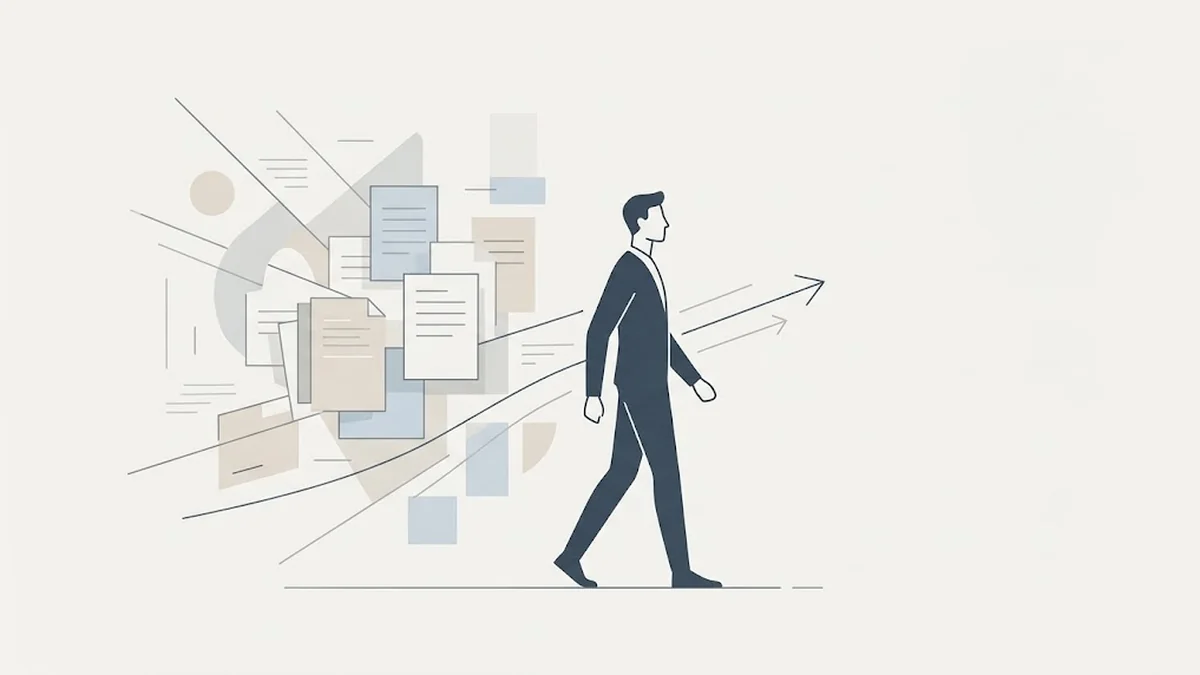 Minimalist illustration of a businessman in a navy suit walking forward past a cluster of overlapping documents with a rising arrow behind him, illustrating business advisory services that move a company past a growth stall