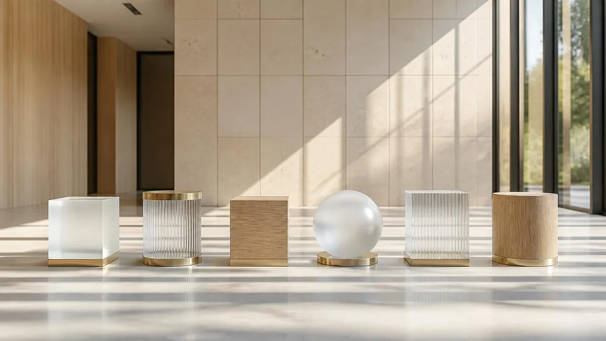 Six different glass and oak shapes on brass bases lined up on a sunlit stone floor, a cube, cylinders, a sphere and ribbed blocks, illustrating six business operating system frameworks compared side by side