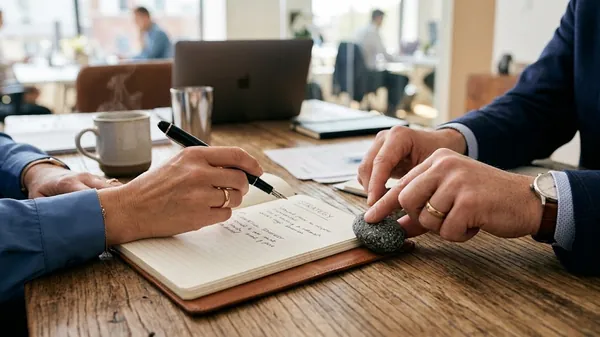 Close-up of two business people at a rustic wooden table in a busy office, one writing strategy notes in an open notebook while the other rests a hand on a grey stone, illustrating a business transformation consultant working through where a transformation stalls